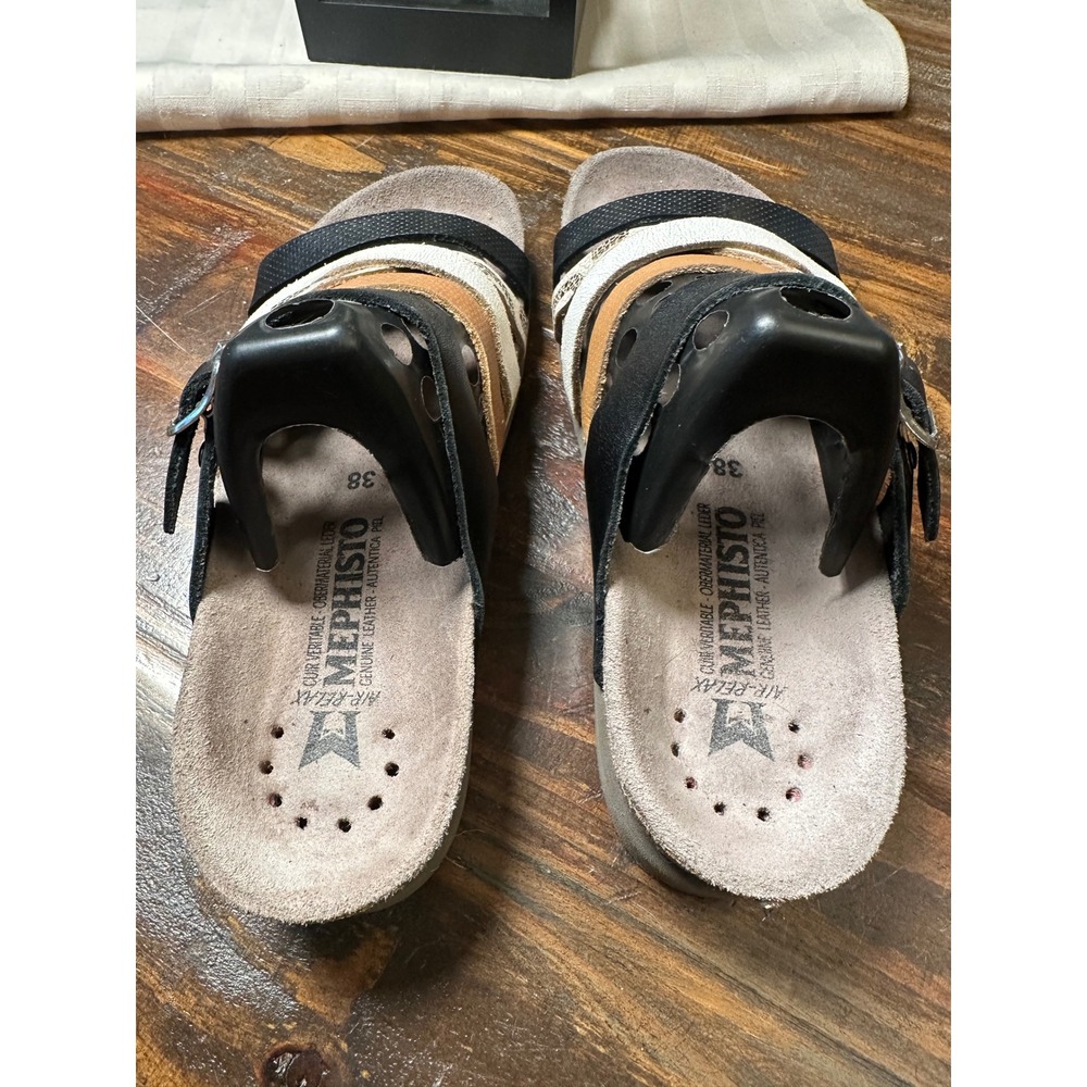 Mephisto Air-Relax Women 38 or 8 Black Leather MultiStrap Snakeskin Cork Sandal - Picture 9 of 13